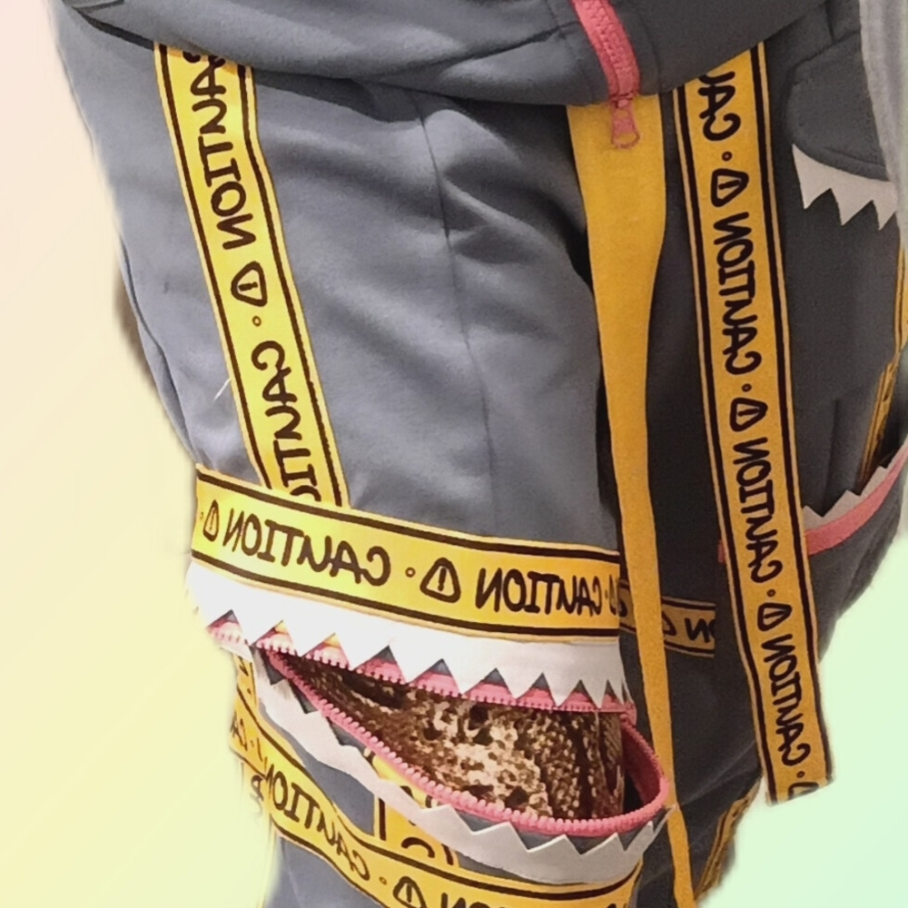 Mochipan Shark Tech Gray Sweat Suit with Yellow Caution Tape Design